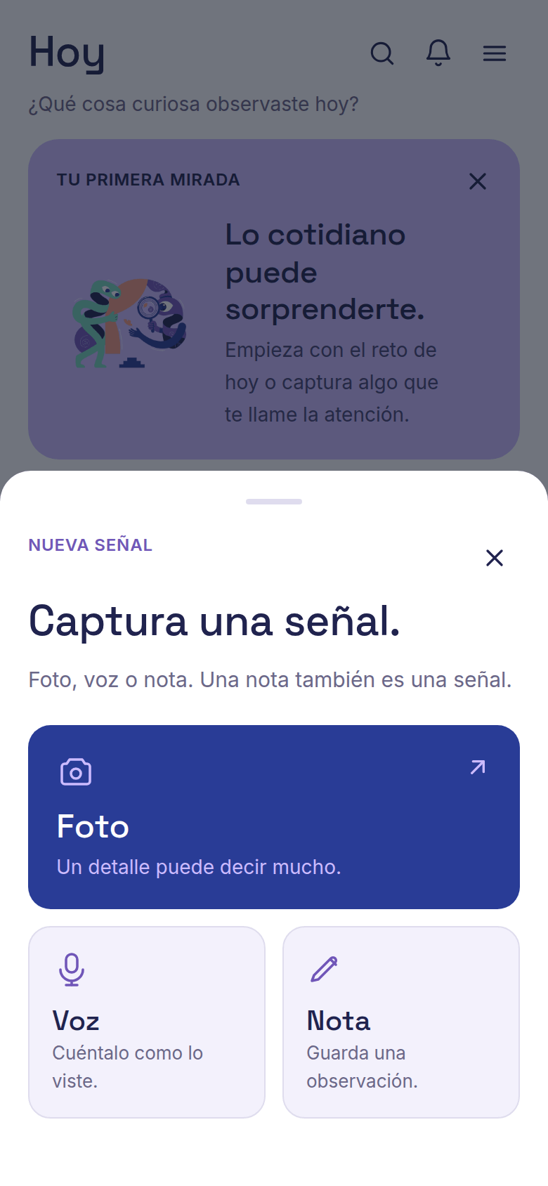 Pantalla de Mirai al capturar una señal: la hoja «Captura una señal» con tres opciones, Foto, Voz y Nota