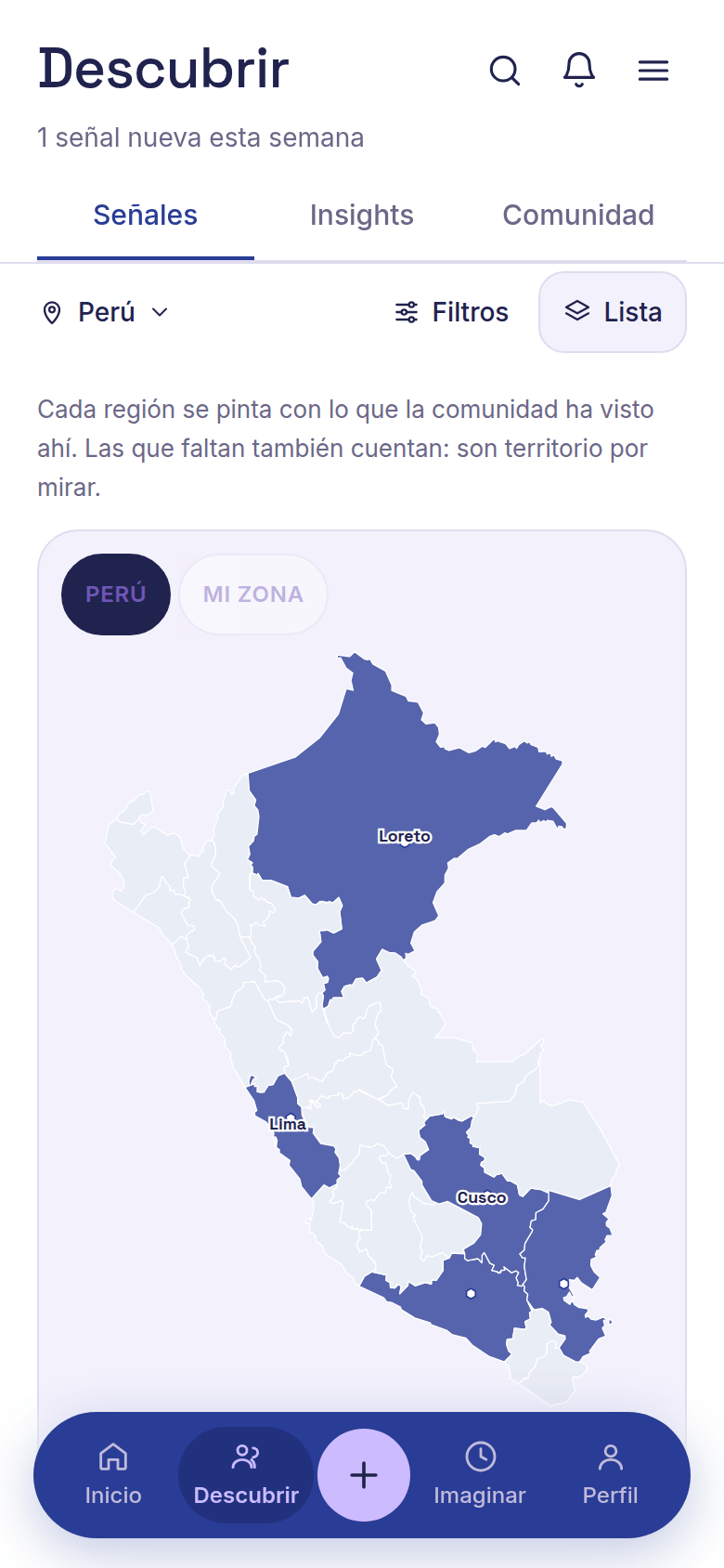 Pantalla Descubrir en Mirai: mapa del Perú con las regiones pintadas según las señales de la comunidad, entre ellas Loreto, Lima y Cusco